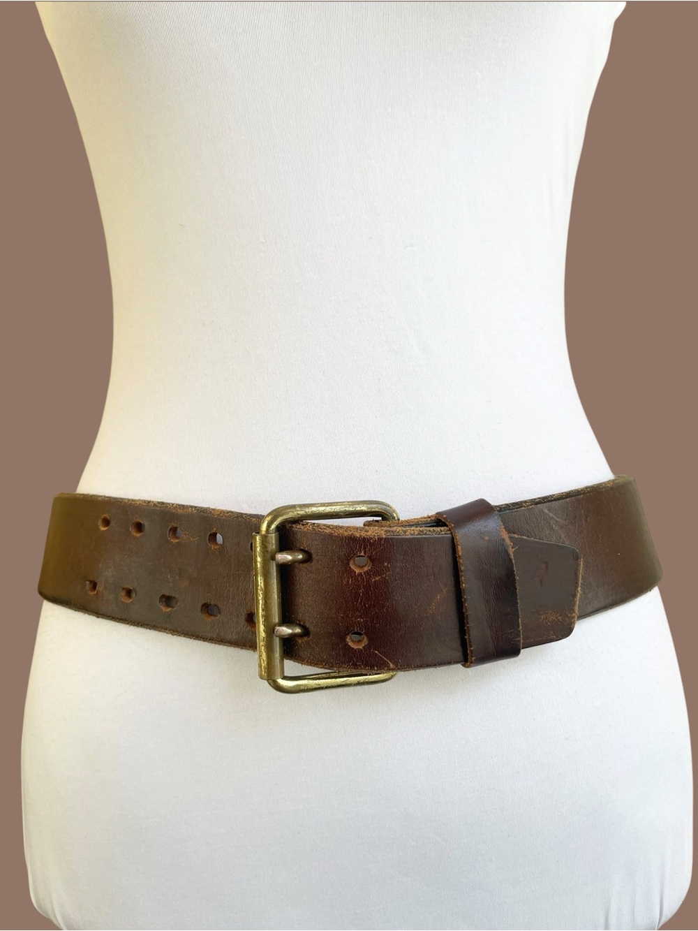 Vintage Brown Leather Double-Prong Belt Wide Waist Boho 90s Size S/M